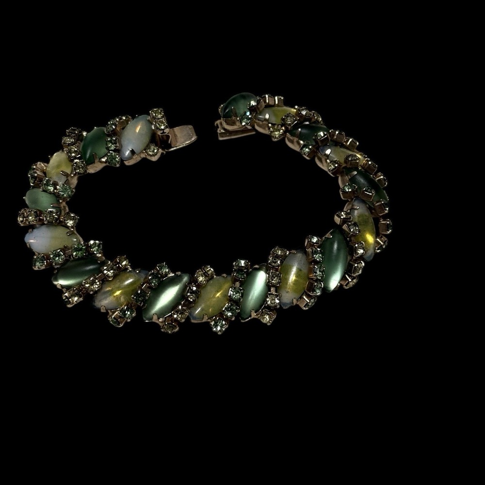 Vintage Kramer 7" Green‎ & Yellow Opulecent Stone & Rhinestone Bracelet
